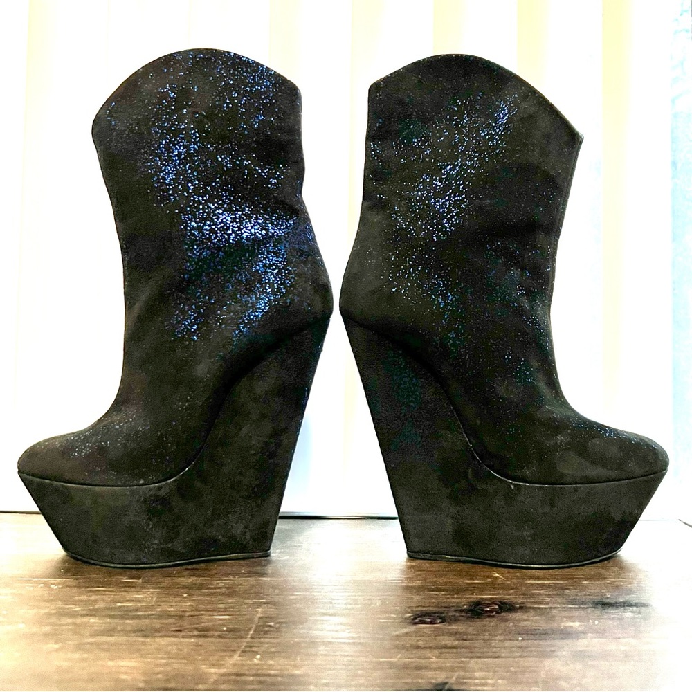 Giuseppe Zanotti Must See Blue Black Shimmer Glitter Sparkle Angle Wedge Boot 37 - Picture 5 of 15
